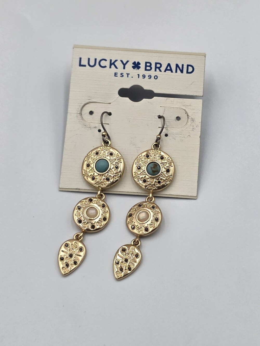 Lucky Brand Gold Tone Turquoise Pearl Three Tier‎ Boho Drop Earrings NEW